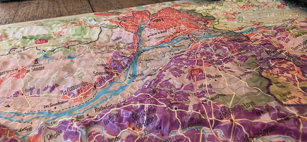 Ici une carte thermogonflée des vignobles autour d'Angers.